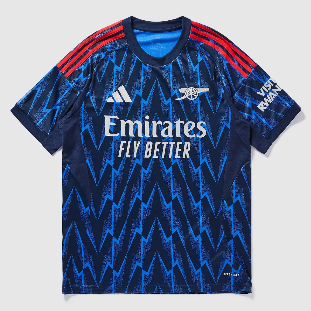 Camisa reserva Arsenal adidas 2025 2026 azul Night Indigo com detalhes vermelhos e padrão de relâmpagos