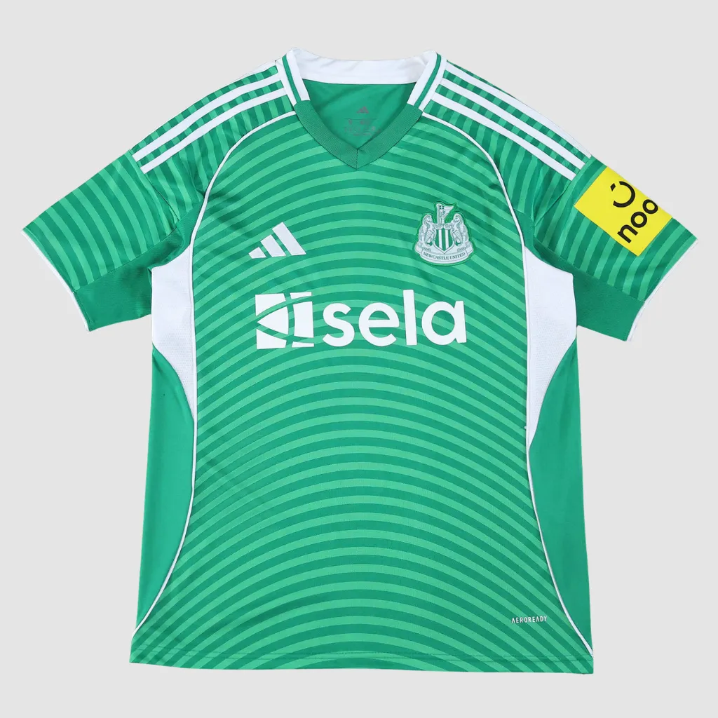 Camisa reserva do Newcastle adidas 2025 2026 verde com detalhes brancos e estampa inspirada na Ponte Tyne