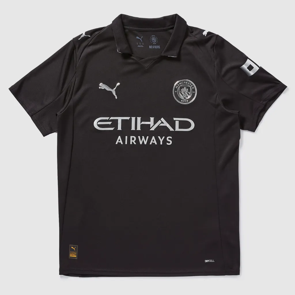 Camisa reserva Manchester City Puma 2025 2026 preta com detalhes prateados e gola polo retrô