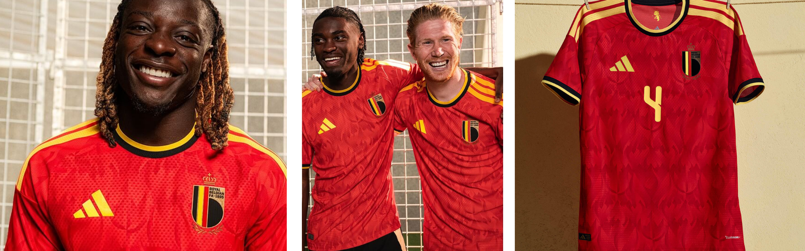 Camisa titular Bélgica 2026 exibida em ambiente esportivo, destacando o vermelho intenso e os grafismos de chamas e tridentes.