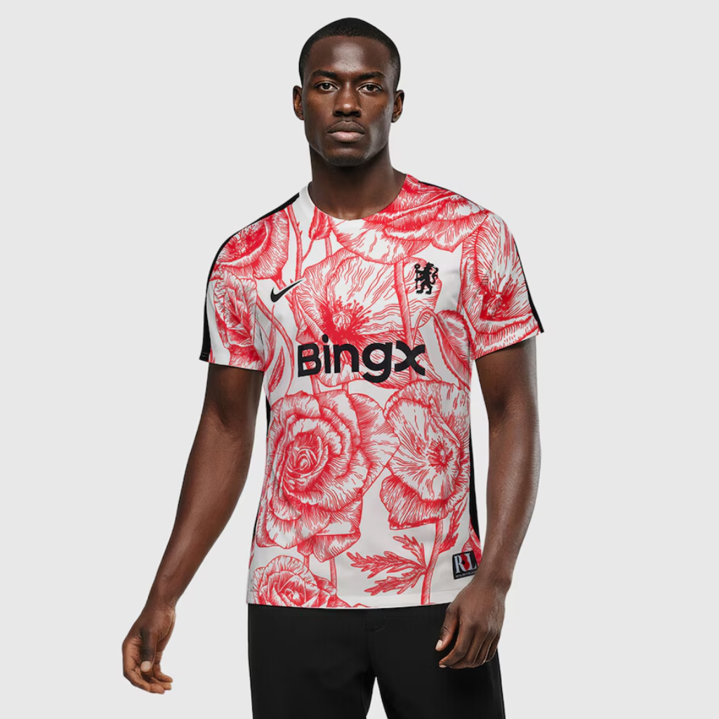 Frente da camisa pré‑jogo Chelsea 2025 esticada