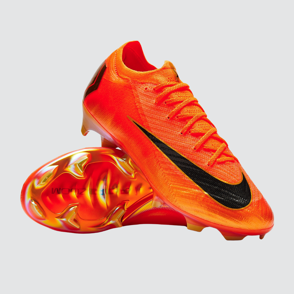 Chuteira Nike Zoom Mercurial Vapor 16 Elite FG em detalhe, destacando o cabedal ultrafino, tecnologias de velocidade, textura Gripknit, design aerodinâmico e solado voltado para explosão em campo firme.