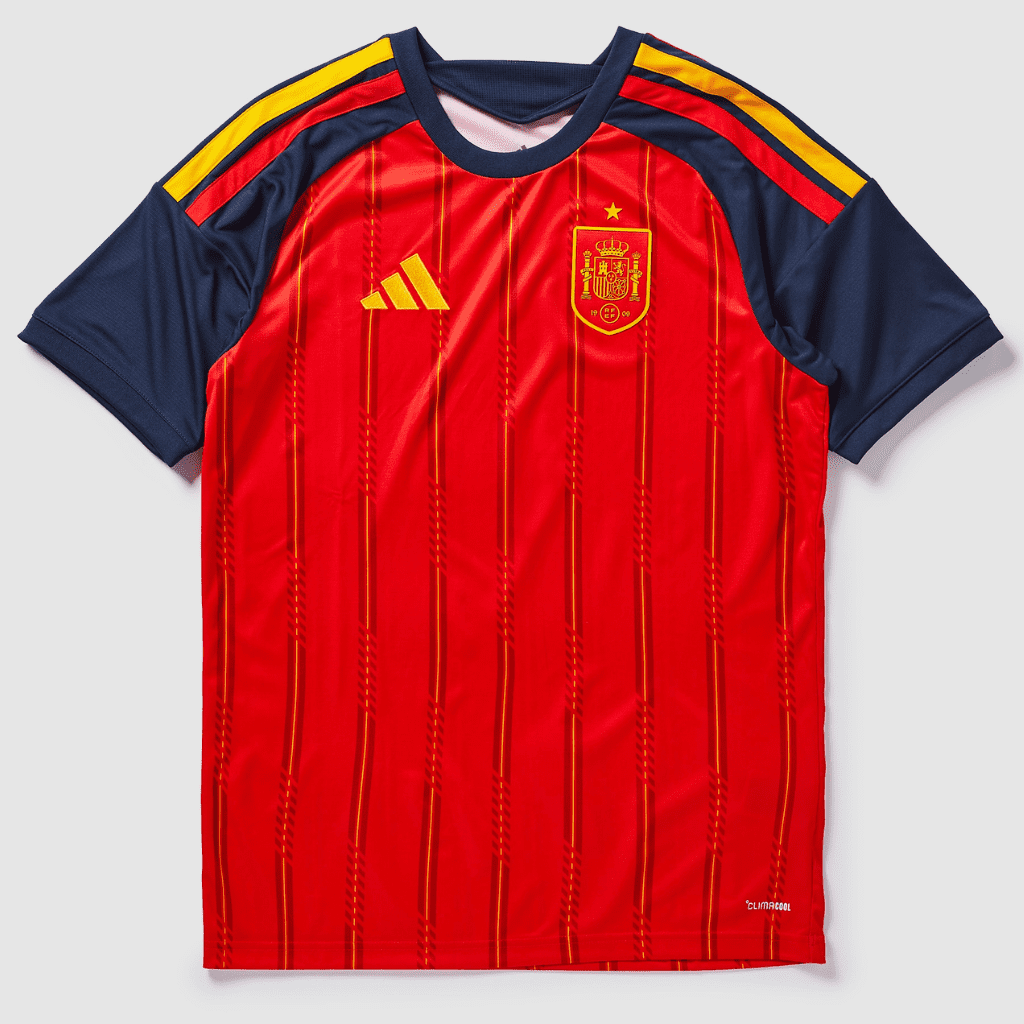 Camisa da Seleção Espanhola adidas 2026-27 vermelha e azul com tecnologia Climacool e escudo dourado.