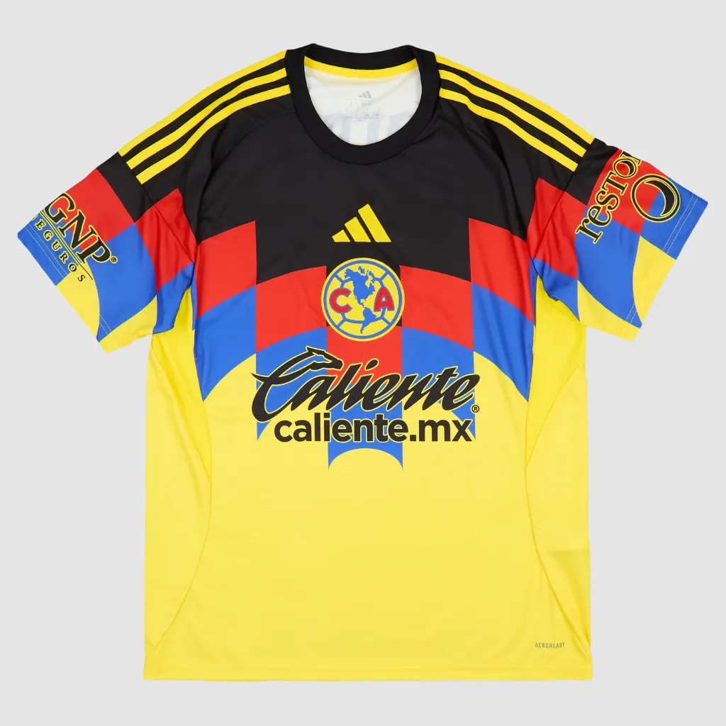 Camisa Club América 2025-2026 titular Adidas amarela com detalhes em preto azul e vermelho