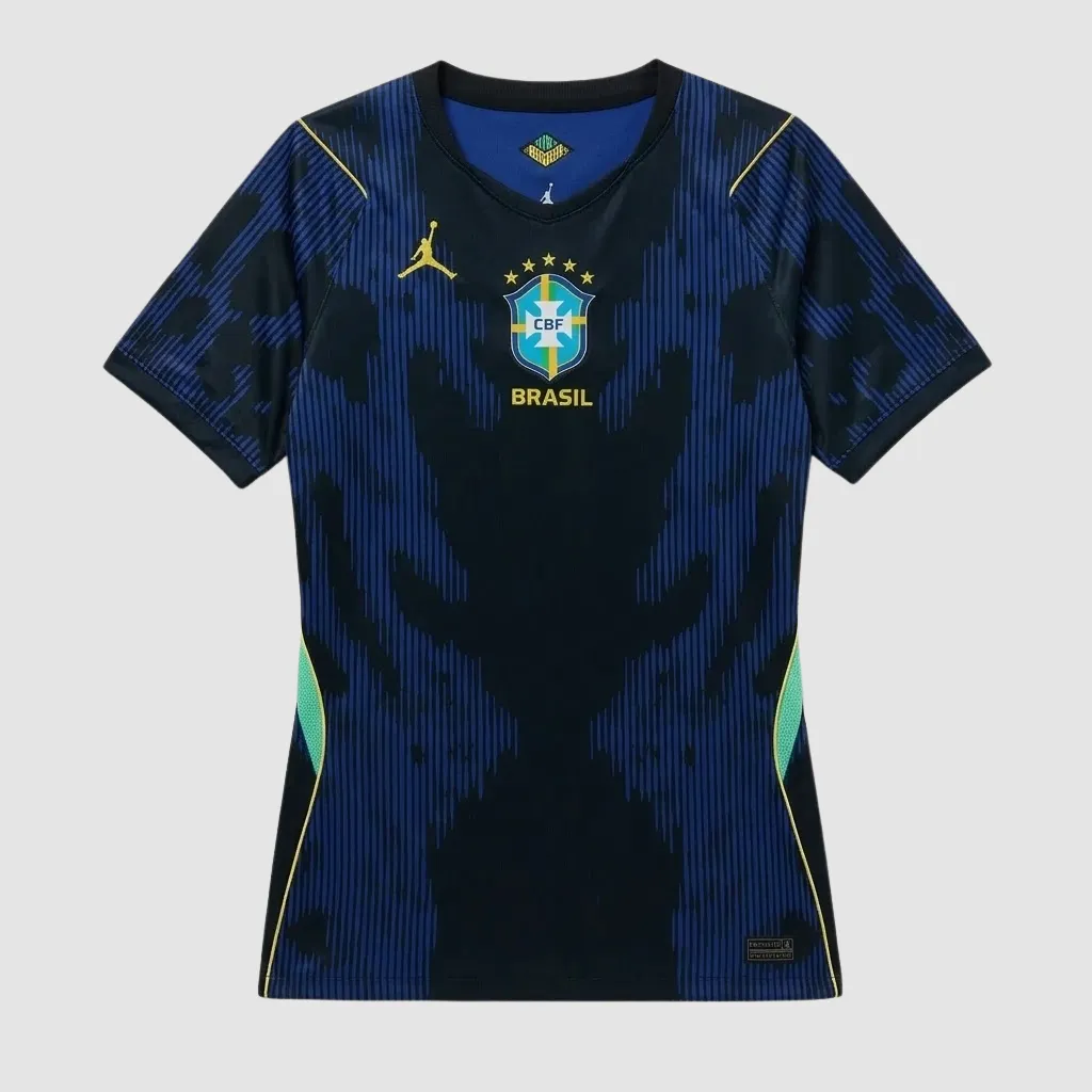 Camisa feminina reserva Brasil Jordan 2026 preta e azul royal com logo Jumpman e escudo da CBF
